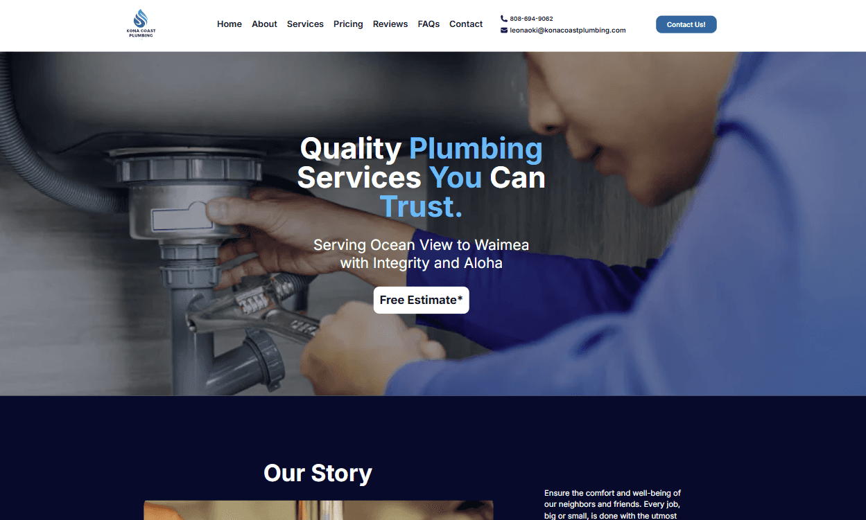 Screenshot of the Kona Coast Plumbing website