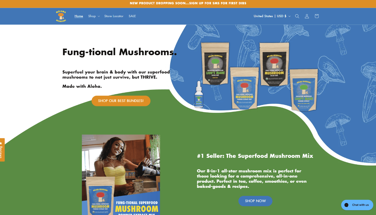 Screenshot of the Malama Mushrooms website
