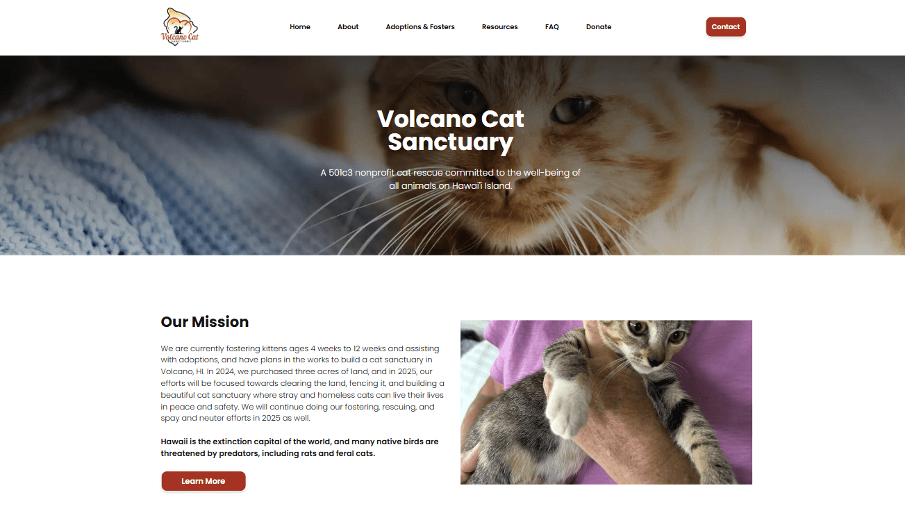 Screenshot of the Volcano Cat Sanctuary website